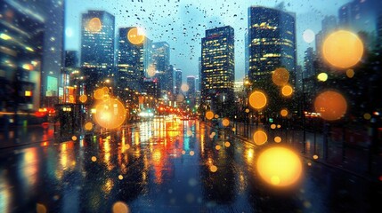 Enchanting rainy cityscape with glowing bokeh lights and modern urban skyline