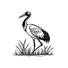 Black and White Heron Bird Silhouette with Grass – Vector Illustration