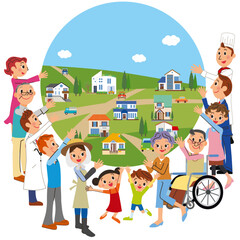 街を支えてる住人が手で囲っているイラスト