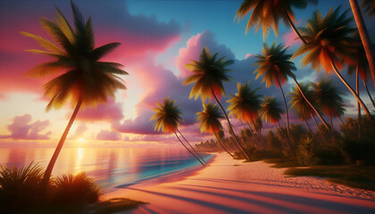 Serene Sunset on the Beach with Swaying Palm Trees