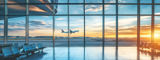 A panoramic view of an airport terminal, with large windows overlooking the runway and airplanes visible outside
