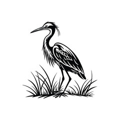 Black and White Heron Bird Silhouette with Grass – Vector Illustration