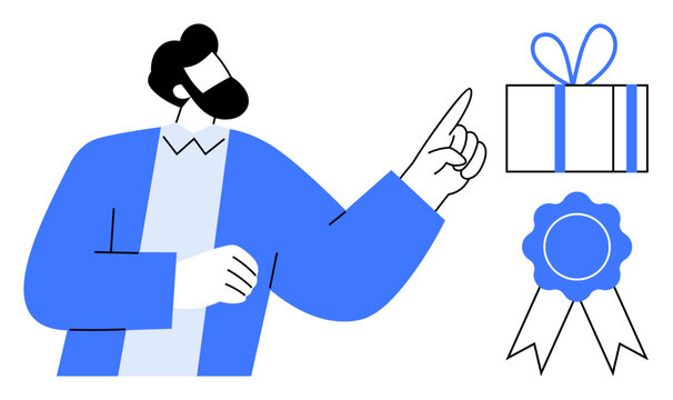 Businessman with beard pointing towards a gift box and award ribbon. Ideal for themes of recognition, rewards, achievements, success, celebration, business, motivation. Line metaphor