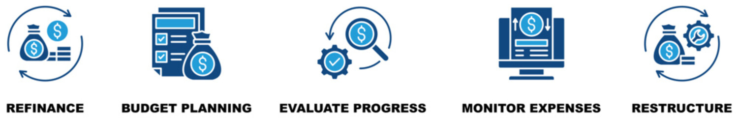 Financial Flow Icon Set Isolated Vector With Icon Of Refinance, Budget Planning, Evaluate Progress, Monitor Expenses, Restructure In Blue Style