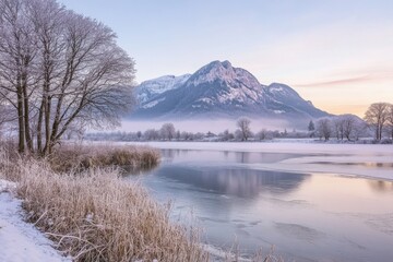 Fototapeta premium Winter landscape, snowy field, frozen river, bare trees covered in frost, misty mountains in background