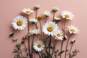 Obraz premium Minimal Styled Floral Concept with White Daisy Chamomile Flowers on Pale Pink Background for Creative Lifestyle and Spring Decor