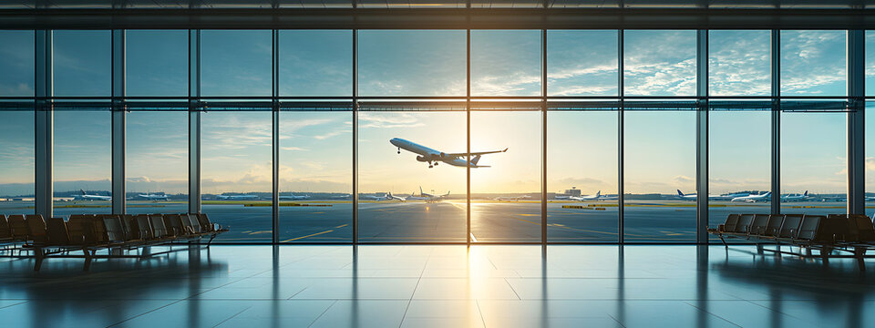 A panoramic view of an airport terminal, with large windows overlooking the runway and airplanes visible outside

