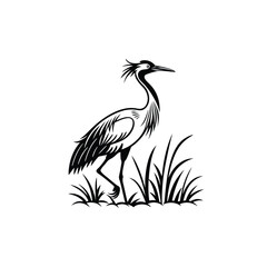 Black and White Heron Bird Silhouette with Grass – Vector Illustration