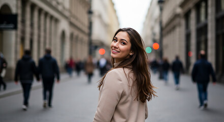 Obraz premium Fashionable Young Woman Walking Down City Street Playfully Smiling Generative AI