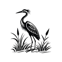 Black and White Heron Bird Silhouette with Grass – Vector Illustration