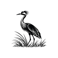 Black and White Heron Bird Silhouette with Grass – Vector Illustration