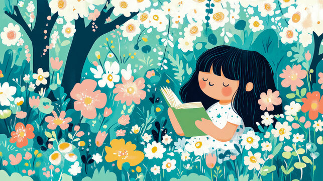 A Springtime Dream: Girl Reading in a Floral Meadow, Serene Escape for a Child's Imagination