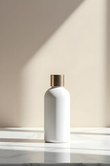 High end cosmetic bottle with a sleek and elegant custom label, placed on a marble countertop with soft shadows and natural light reflections. Cosmetic product presentation with background