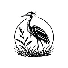 Black and White Heron Bird Silhouette with Grass – Vector Illustration