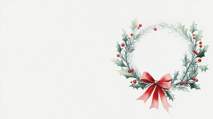Christmas wreath with holly, red berries, and bow for festive greeting cards and decorations