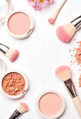 Spring-themed beauty flat lay with pastel makeup products, harmony in beauty