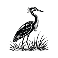 Black and White Heron Bird Silhouette with Grass – Vector Illustration
