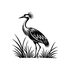 Black and White Heron Bird Silhouette with Grass – Vector Illustration