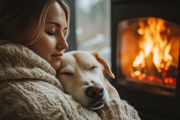 Cozy winter evening by the fireplace with a woman and her dog enjoying warmth and companionship