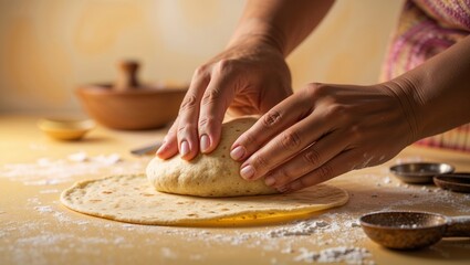 Hands skillfully preparing dough for traditional flatbread in a cozy kitchen setting during the afternoon