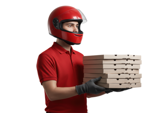 Isolated Serious Pizza Courier Holding Multiple Pizza Boxes