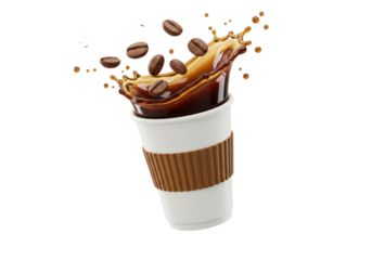 Isolated Coffee Cup with Dynamic Splash and Floating Beans