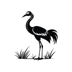 Fototapeta premium Black and White Heron Bird Silhouette with Grass – Vector Illustration