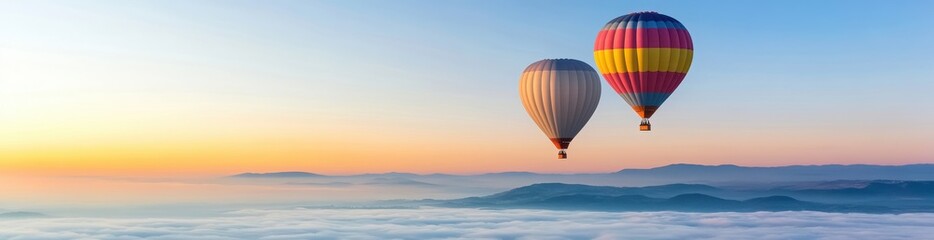 Obraz premium Two colorful hot air balloons flying high above the ground.a panoramic banner with a copy space area for text or design.This design can be used for advertising, promotional materials.