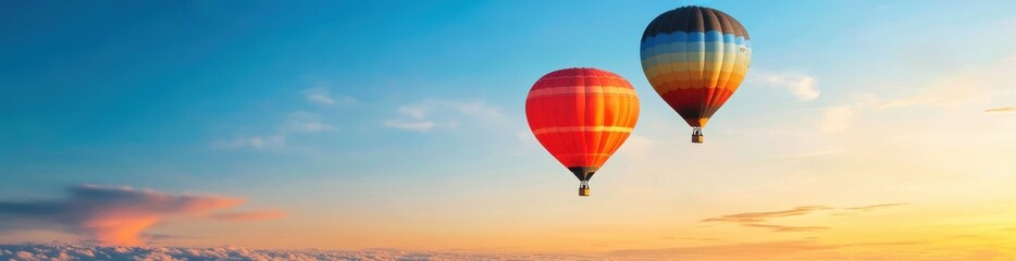 Naklejka premium Two colorful hot air balloons flying high above the ground.a panoramic banner with a copy space area for text or design.This design can be used for advertising, promotional materials.