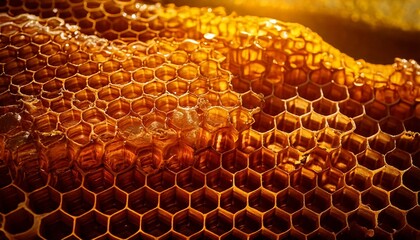A detailed shot of a beehive, focusing on the texture of the wax combs and the delicate arcs of honeycomb cells.