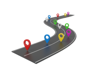 Isolated Path with Multi-Colored Location Markers on a Road