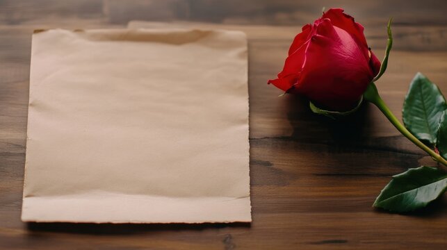 A single red rose lies beside a blank, aged piece of paper on a rustic wooden surface, suggesting a romantic or sentimental message
