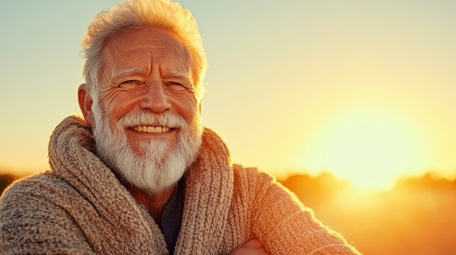 Happy Senior Man with White Beard Smiling at Sunset - Powered by Adobe