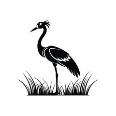 Black and White Heron Bird Silhouette with Grass – Vector Illustration