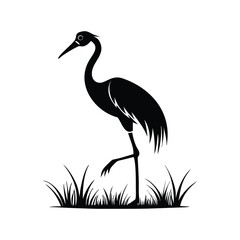 Black and White Heron Bird Silhouette with Grass – Vector Illustration