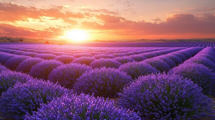Obraz premium Stunning Sunrise Over Lavender Fields Showcasing the Breathtaking Beauty of Nature's Landscape