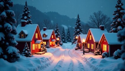 Decorated Christmas village with snow-covered houses and festive lights, holiday season, village, lights