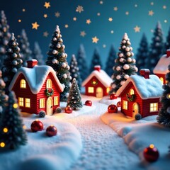 Decorated Christmas village scene with snow-covered houses and trees, festive, snow covered, christmas village