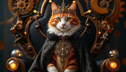 Fototapeta premium Regal Steampunk Cat Wearing Crown and Cape Sitting on Throne Surrounded by Gears