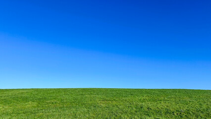 Scenic landscape of a lush green grass field under a clear blue sky, evoking serenity and tranquility