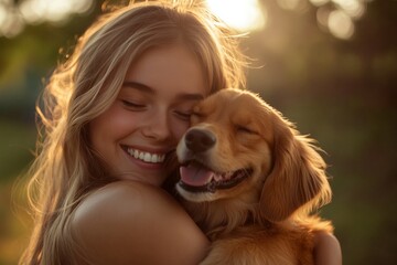 Smiling young woman embraces golden retriever during sunset in a tranquil outdoor setting