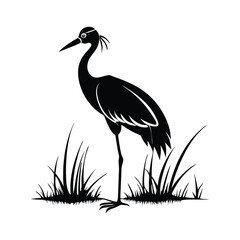 Black and White Heron Bird Silhouette with Grass – Vector Illustration
