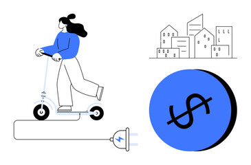 Person riding electric scooter, urban buildings, plug, currency sign. Ideal for urban mobility, eco-friendly transportation, cost savings, modern commuting, technology integration renewable energy