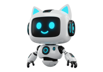 Isolated Cheerful Robot Cat with Glowing Blue Features
