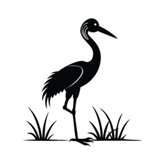 Black and White Heron Bird Silhouette with Grass – Vector Illustration