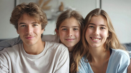 Three smiling siblings sitting closely together in a cozy indoor setting. They have relaxed expressions and natural beauty, conveying warmth, connection, and family bonds in a bright, modern home