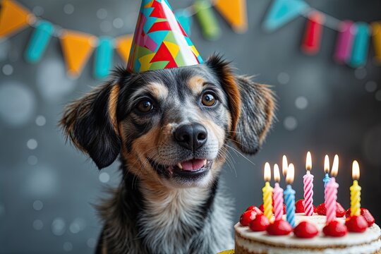 Charming Young Pooch Celebrating with a Festive Birthday Hat and Cake Candles