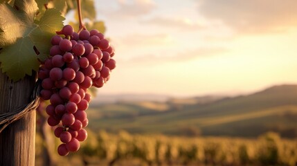 Fototapeta premium Vibrant bunch of grapes hanging from vine under golden sunset sk