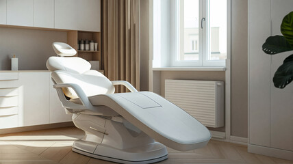 Modern white medical chair in a bright, minimalist clinic room with natural light from a large window, wooden flooring, and neutral-colored curtains creating a calm and professional atmosphere