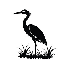 Black and White Heron Bird Silhouette with Grass – Vector Illustration